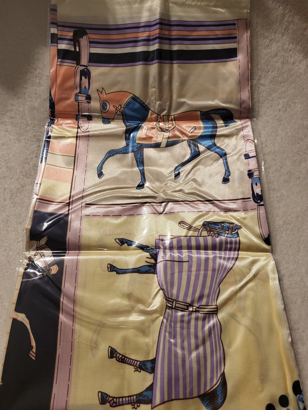 Suzhichou Equestrian Silky Satin Scarf Pastel Horse Print 36" Square Wrap Fabric - Picture 2 of 8